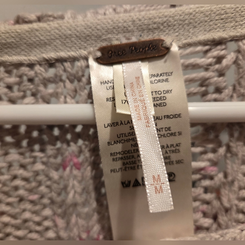 Free People Honey Cable Knit Long Drop Shoulder White Combo Cropped Sweater - M - Picture 12 of 13